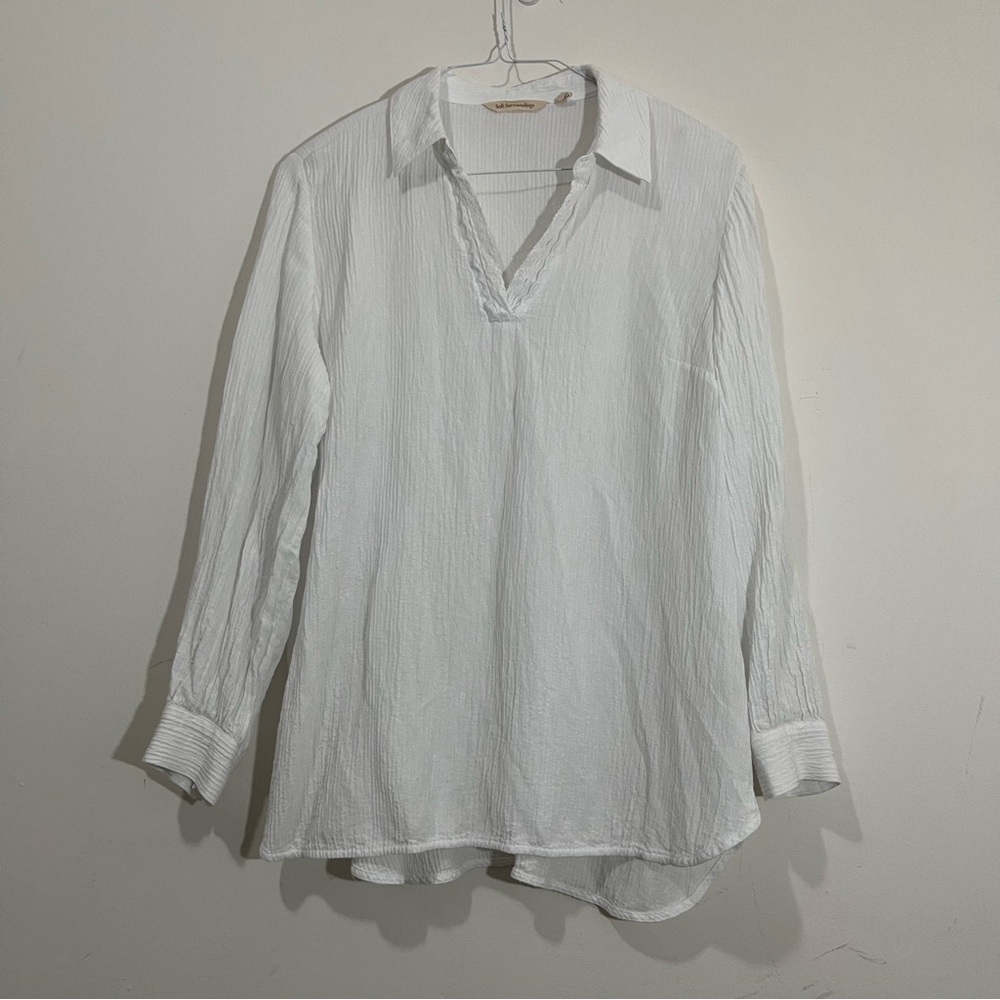 Soft Surroundings Regatta Gauze Crinkle V Neck Top Womens L White Beach Casual